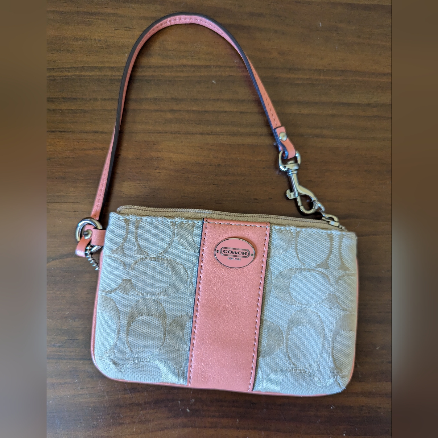 Coach Tan And Coral Clutch With Signature Monogram